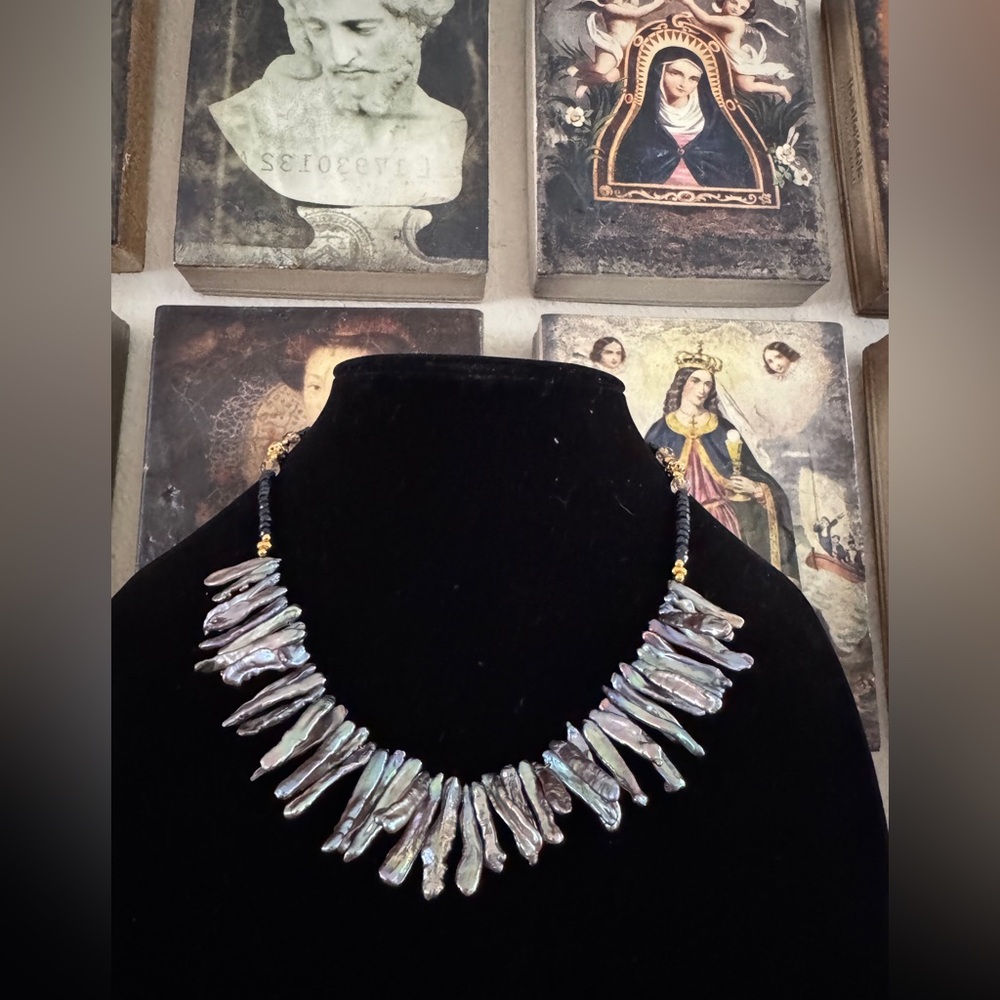 Statement Black Keshi Stick‎ Pearl Necklace with Gold & Crystal Accents